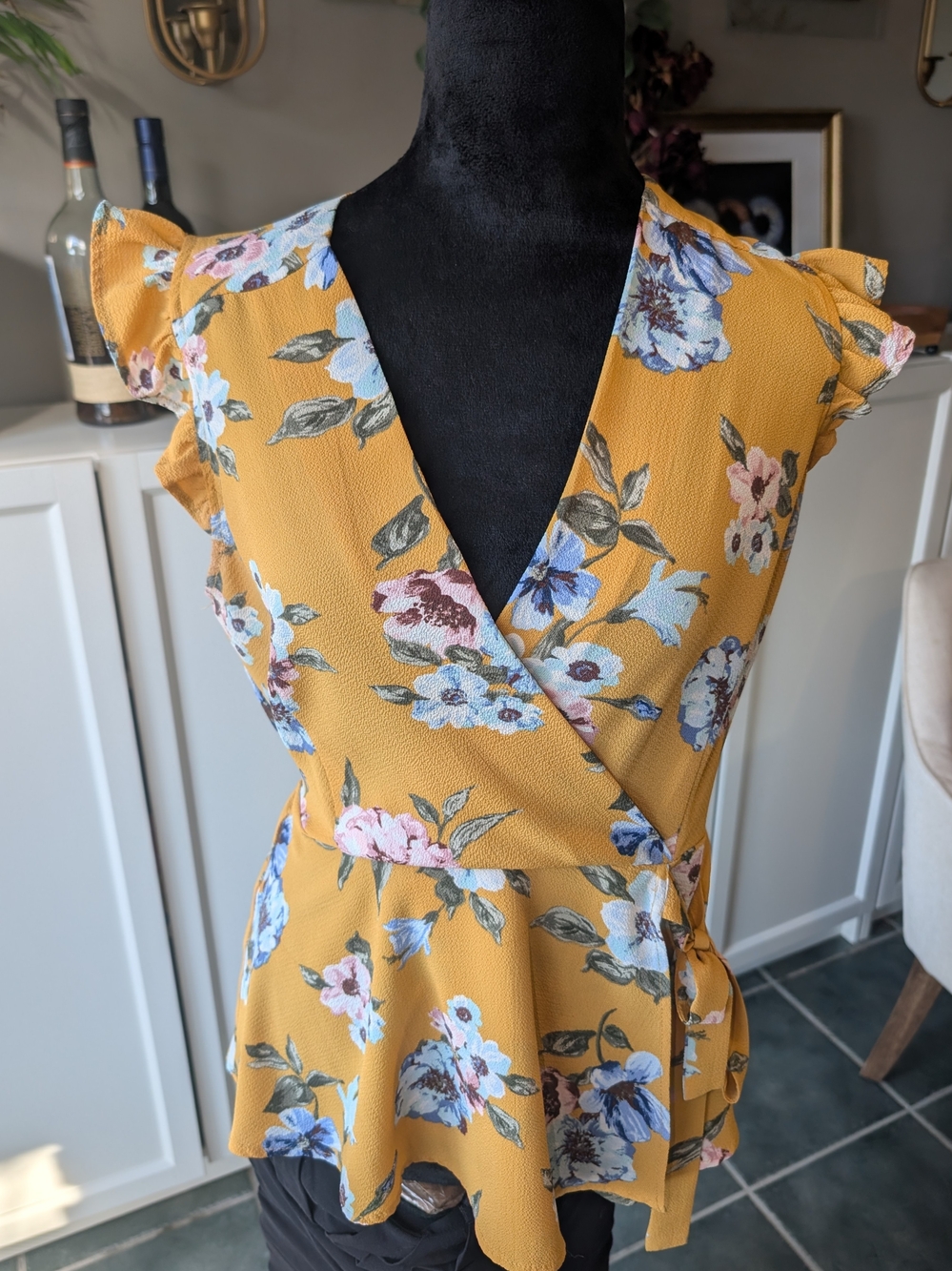 Monteau Mustard Floral Wrap Peplum Dress